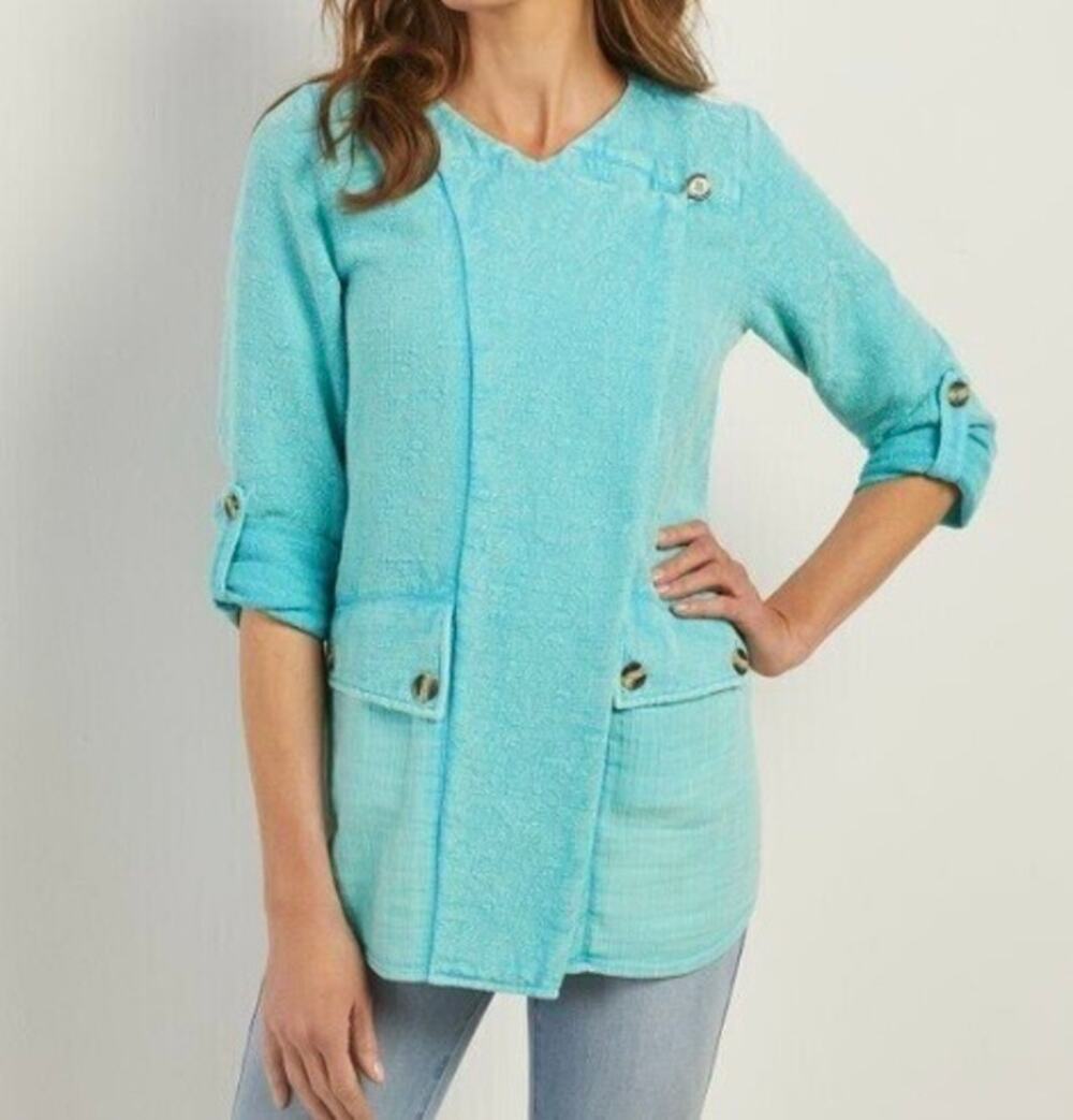Soft Surroundings Sz L Urban Escape Topper Jacket Turquoise Blue Wrap